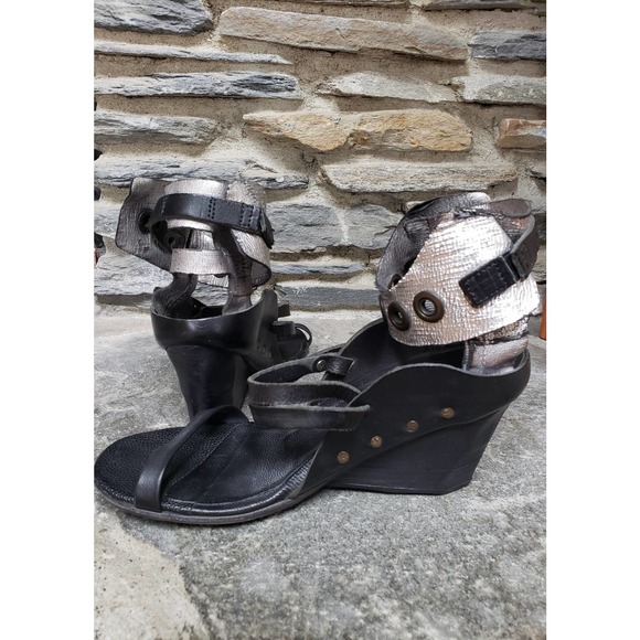A.S.98 Ankle Strap Snap Button Wedges 41=9.5 Black Silver - Picture 7 of 14